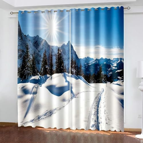 Beydodo Vorhänge Verdunklung mit Ösen 2er Set, Gardinen Blickdicht 214x229CM Winter Sonne Berge Bäume Verdunklungsvorhänge Kinderzimmer Jugendzimmer