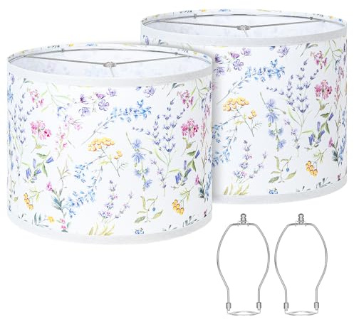 Lamp Shades Set of 2, Drum Lampshades 13 Top x 13 Bottom x 10 High with Spider Fitter, Large Replacement Lamp Shades for Table Lamps, Floor Lamps, Easy Assembly Required (2, Print - A)