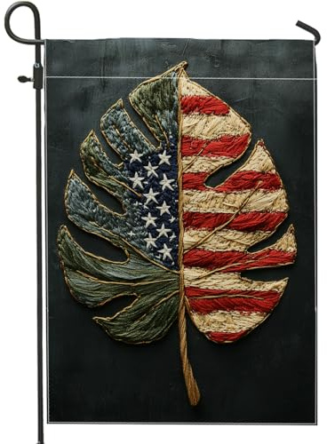 Drapeau de jardin patriotique en forme de feuille de monstera rouge, blanc, bleu, bannière de décoration d'intérieur, décoration de pelouse extérieure double face pour festivals d'été, 30,5 x 45,7 cm