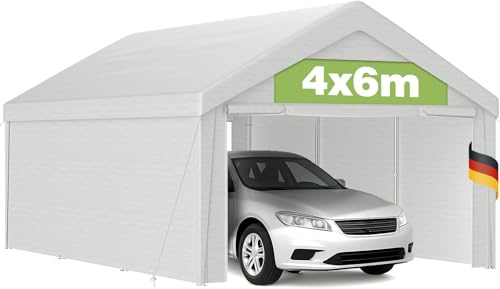 Pavillon Zeltgarage 4x6m mit robuster PE Plane, UV-beständig wasserdicht, Dachverstärkung, Bodenrahmen, Stahlrohrkonstruktion, abnehmbare Seitenwände, Lagerzelt, Weidezelt, temporärer Carport, Weiß