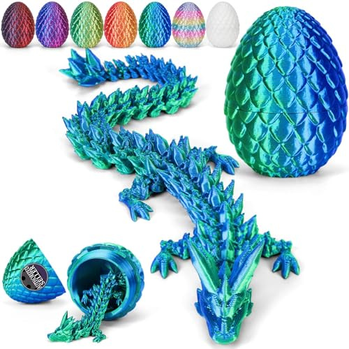 Merrwon 3D Printed Dragon Egg with Dragon (28.5cm) Inside, 3D Printed Articulated Crystal Animals Fidget Toys & Decor, Unique for Kids, Teens, Adults, Collectors (Laser Dark-Green)
