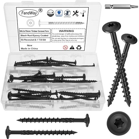 FandWay 50 Pcs Timber Screws,6.3x75mm Heavy Duty Structural Wood Screws,Torx Wafer Head Fixing Deck Screw,Rust Epoxy Coated With T30 Star Bits for Outdoor Log Landscape Frame Construction (Black).