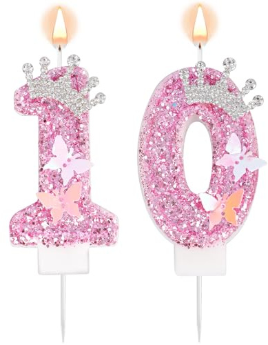 Velas de Cumpleaños con Número, Rosa Purpurina Corona Mariposa Feliz Cumpleaños Lentejuelas Vela de Princesa Adorno para Tarta Decoraciones para Bodas Aniversarios Celebraciones (10)