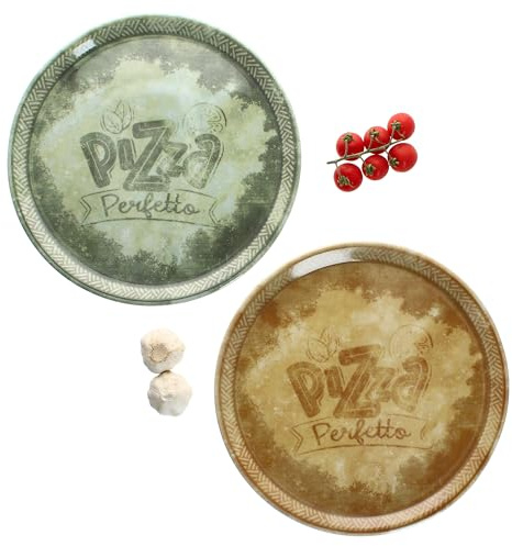 MamboCat 2tlg Set Perfetto Pizzateller Ø 31,5 cm I Porzellan-Teller je 1x in Gelb & Grün I ideal für Pizza, Flammkuchen & mehr I große Servierplatte mit Dekor & Schrift