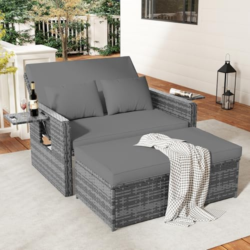 Amopatio Rattan Daybed Garden Furniture Set, Outdoor Loveseat Sofa with Storage Ottoman, Sunbed Sofa Set with Cushions/Adjustable Backrest/Retractable Trays for Balcony, Patio, Grey