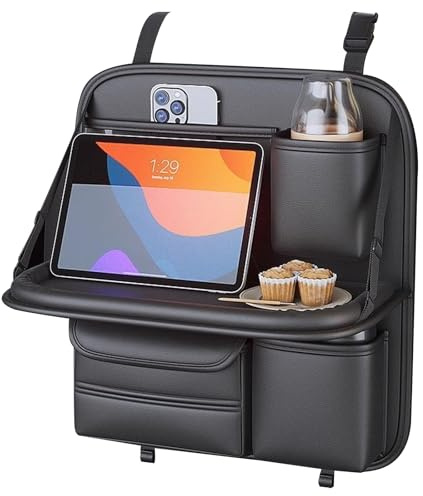 Luxvara Organizador Coche Asiento, Protector Asiento Coche Respaldo, Multi Bolsillo Almacenamiento de Coche, Organizador para Coche con Mesa Plegable para iPad Tablet Botella Bebida, Negro, 42x42 cm