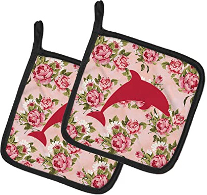 Caroline's Treasures Coppia di presine in tessuto multicolore con delfini, stile shabby chic, rose rosa, BB1025-RS-PK-PTHD