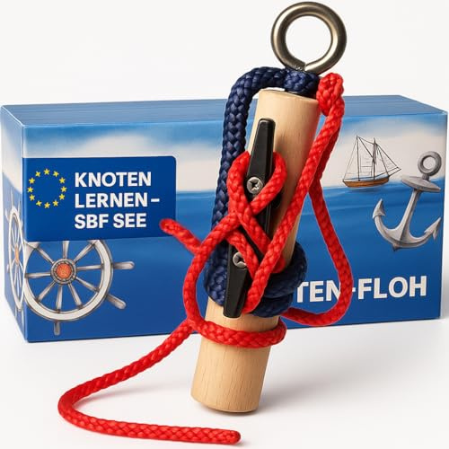 Knoten-Floh Knoten Übungsset Seemannsknoten Knotentrainer aus Holz mit Klampe und Tauwerk, für Bootsführerschein SBF See & SBF Binnen, inkl. Knotentafel und Anleitung
