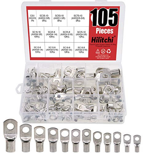 Hilitchi 105 Pcs 12 Sizes Heavy Duty Tinned Copper Compression Lugs Assortment Battery Cable Ends Lugs Wire Ring Terminals Connectors(AWG1, AWG2, AWG4, AWG6, AWG8)