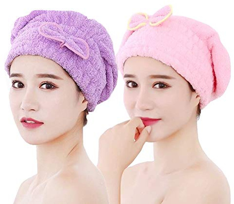 Guang-T Cuffia avvolgente per asciugare i capelli, in morbida microfibra ad asciugatura rapida, in morbido cotone assorbente e leggero, per donne, rosa e viola (2 pezzi)