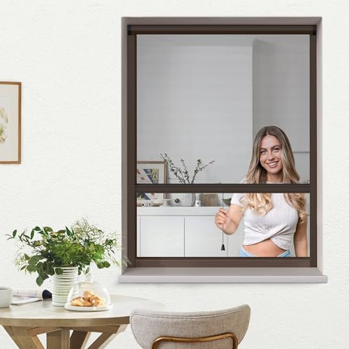 jarolift 4 en 1 Zanzara Moustiquaire Enroulable Pour fenêtres, Cadre En Aluminium, Toile En Fibre De Verre Robuste, 70 x 130 cm (larg x H), Marron