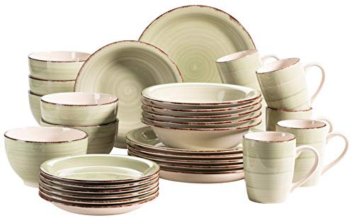 MÄSER 931616 Bel Tempo II 30-teiliges Vintage Geschirr Set für 6 Personen, handbemaltes Keramik Kombiservice in Grün, Steingut
