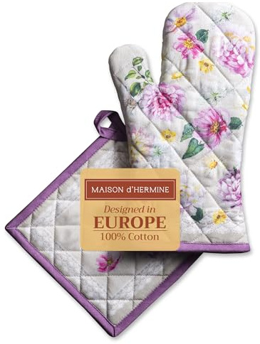 Maison d' Hermine Pivoine Ensemble de Gants de Four de (19cm x 33cm) et maniques de (20cm x 20cm), 100% Coton, pour Barbecue, Cuisson, Four, Micro-Ondes, grillades, Printemps/été, Pâques