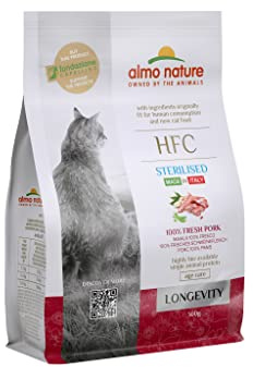 Almo Nature HFC Longevity - Complete Dry Cat Food for Adult Cats - Pork - Human-Grade, Fresh Meat, Monoproteic Kibbles - 300g (Pack of 1)