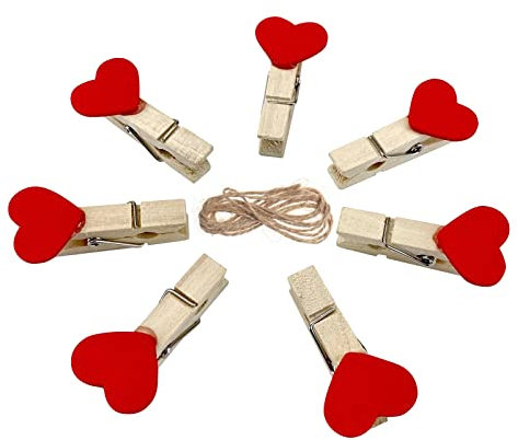 Andiker Mini Pinzas Madera Natural, Clips Corazon Rojo, con 2 m de Cuerda de Yute para Colgar sin Rastro para Bodas, Fotos, Tarjetas y Manualidades (10 Unidades)