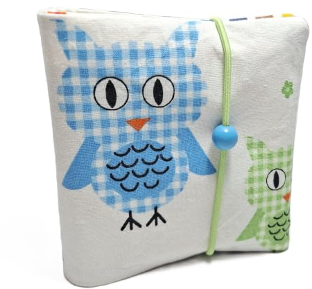die-kreative-fee Handmade Pixi Buchhülle für Original-Pixis 10x10 cm | Stoffhülle für Pixibücher zuhause und unterwegs, Motiv: Eulen und Schmetterling blau
