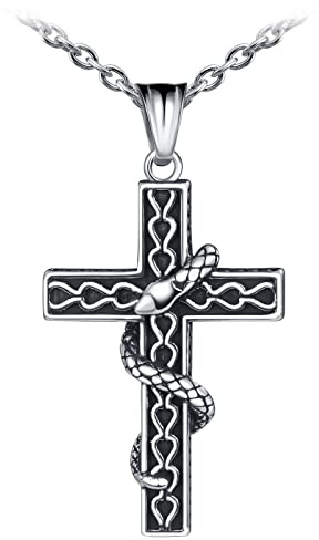MicVivien Collana con Croce e Serpente in Acciaio Inossidabile per Uomo, Gioielli Ciondolo Cristiani Crocifisso, Regalo Chiesa Battesimo