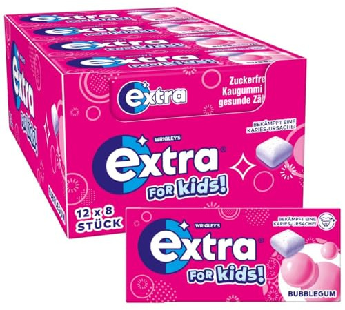 Extra For Kids Kaugummi Zuckerfrei, Xylitol, Großpackung, 12 x 8 Dragees | Zuckerfreier Kaugummi mit Minzfrische, zahnfreundlich und erfrischend, für unterwegs, für Lernpausen und zwischendurch