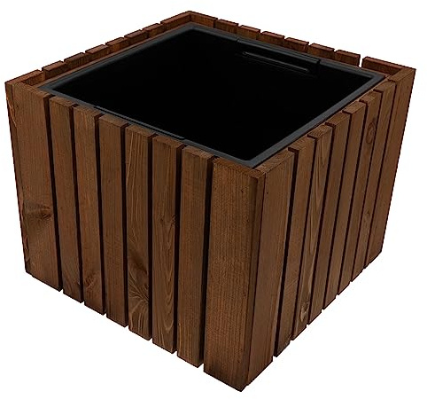 HRB Blumentopf Vintage eckig aus Echtholz braun, hochwertiger Holz Pflanztopf mit Kunststoffwanne mit 15,5 L Volumen für Innen und Außen, die Pflanzkübel haben EIN einzigartiges Design