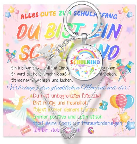 Einschulung Mädchen Geschenk, Schultüte Füllung, Schulkind 2024 Einschulungsgeschenke Inhalt Schultüte Mädchen, Glücksbringer Schulanfang, Rosa Engelskette und Schlüsselanhänger Grußkarten und Boxen