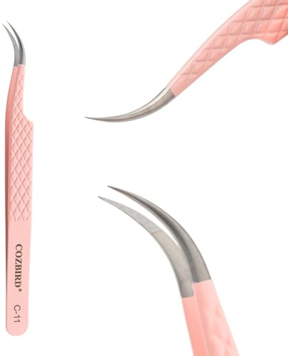 COZBIRD Fiberspetsar böjda mångsidiga pincetter för ögonfransförlängningar volymfransar eller isolering diamantgrepp hög precision rostfritt stål rosa (C-11)