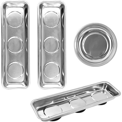 Ensemble de 3 Pièces Outils Mecanique Automobile, 20.2 * 6.5 * 2.8 CM Rectangle Boite Aimantée, 4 Rond Plateau Magnétique, Acier Inoxydable Boîtes à Outils Magnétiques, Tablette Magnétique (1)
