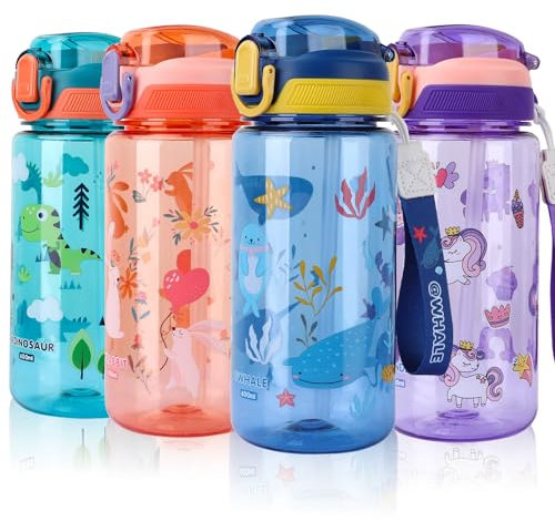 SUPPRUI Trinkflasche Kinder, 600ml Kindertrinkflasche mit Strohhalm, BPA-freie Kinder-Wasserflaschen, Sportwasserflasche mit Auslaufsicherem Flip-Top-Deckel für Mädchen und Jungen (BLUE Whale)