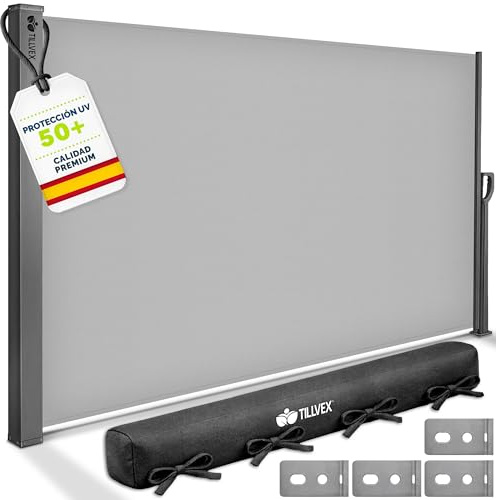 Tellvex® Cortina lateral 180x400cm extensible mate brisa vista balcón jardín terraza cortina lateral con soporte de pared protección solar acero inoxidable