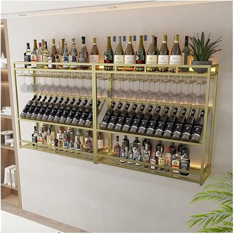 Weinregal Wandmontage Mit LED-Licht,Flaschenregal,Flaschenhalter Wand,Weinregale Mit Weinglashalter,Bar Regal,Metall Wine Rack,Weinflaschenhalter,Weinständer,Für Weinkeller,Küche,Gold/Schwarz(Color:Go