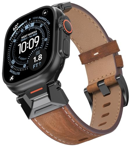 Bouixel Genuine Leather Strap Compatible for Apple Watch Ultra 3 Straps 49mm 46mm 45mm 44mm 42mm,Men Rugged Band with Metal Connector for iWatch Ultra Series 11 10 9 8 7 6 5 4 3 2 1 SE