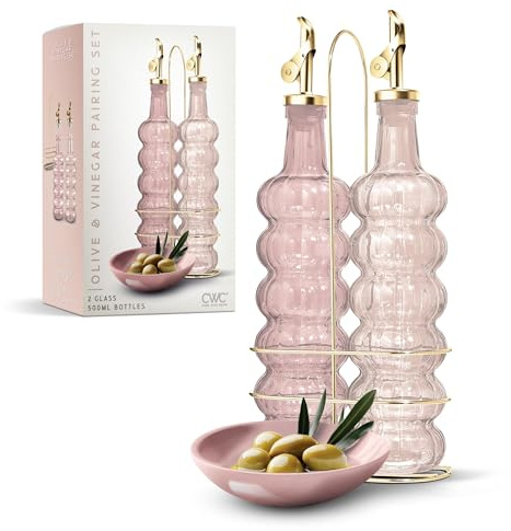 COOK WITH COLOR Glass Olive Oil Bottle Dispenser - 2 Pack- 17oz Oil and Vinegar Cruet - Olive Oil Carafe Decanter for Kitchen, Elegant Waves, Pink