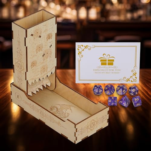 DRMFLE Torre di dadi in legno con 7 dadi poliedrici viola DND, vassoio portatile in legno, scatola per dadi DND per giochi di ruolo, dungeons & draghi e altri giochi di ruolo da tavolo