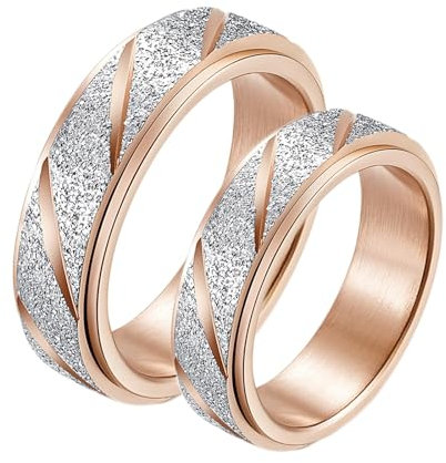 Calefee Ringe Edelstahl Partnerringe, Paar Ringe mit Gravur Drehring Roségold Matt 6 mm, Damen Größe 62 und Herren Größe 65