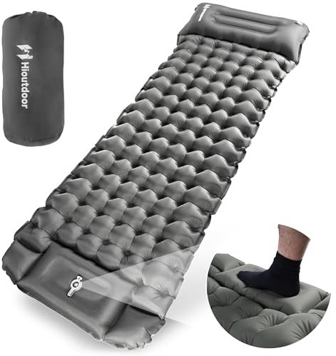 Hioutdoor Camping Isomatte 10CM Ultraleicht Aufblasbare Mit Fußpresse Pumpe Für Outdoor Wandern Strand Backpacking Zelt Matratze Schlafmatte Campingmatte (Grau)