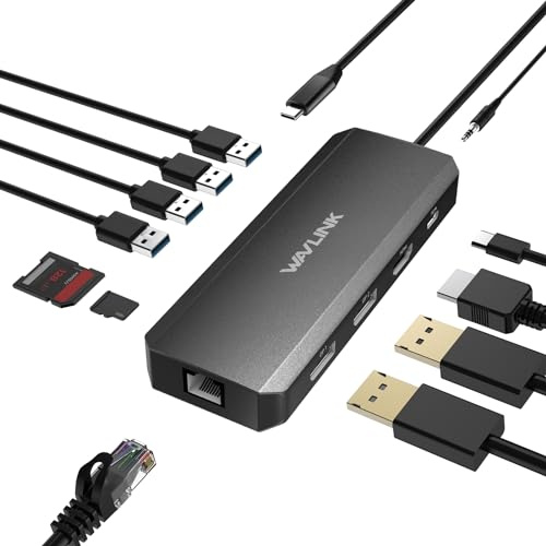 WAVLINK12 en 1 Station d'accueil pour ordinateur portable, hub USB-C à triple écran avec double DP, HDMI, chargeur PD 100 W, Gigabit Ethernet, USB3.0/2.0, lecteur de carte SD/TF, microphone/audio pour