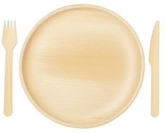 Eco Leaf Ensemble de 75 assiettes jetables en feuille de palmier et de couverts en bois – 25 grandes assiettes rondes, 25 fourchettes, 25 couteaux – Respectueux de l'environnement, biodégradable