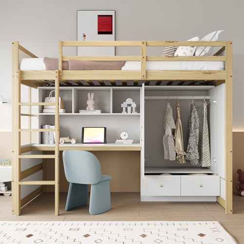 NNJN Letto a soppalco 90 x 200 cm, con scaletta, con scrivania con ripostiglio, con armadio e cassetti, lettino per bambini, letto singolo (colore legno)
