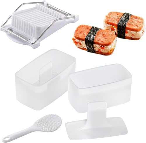 Musubi Press Mold Set with Luncheon Meat Slicer, Non-Stick Rice Ball Mold, DIY Sushi Press for Spam Musubi, Bento, and Picnic – 2-Piece Kit with Rice Scoops