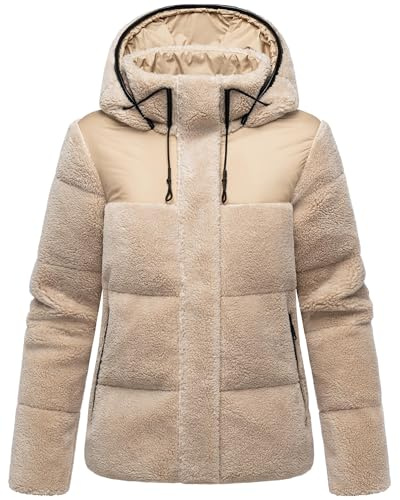 MARIKOO Damen Teddy-Fleecejacke warme Übergangsjacke gesteppte Plüschjacke in angesagtem Materialmix mit Kapuze Kaguraa 16 XS-XXL