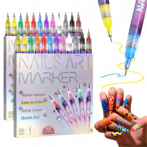 Nail Art Pens,2 Set 12 Colors 0.5MM Nail Polish Pens for Painting Nail | Nails Art Drawing Tool,DIY Quick Dry Graffiti Dotting Point Liner Pens for Nails Art Design,DIY Decoration,Home Salon