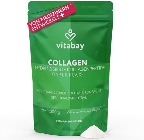 Vitabay Kollagen Pulver Komplex 1 kg Hochdosiert – Biotin & Hyaluronsäure | Bioaktive Collagen Hydrolysat Peptide Typ 1, 2, 3, 5, 10 – mit Vitamin C – Reine Qualität – Laborgeprüft & Geschmacksneutral