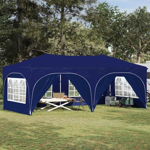 Tente Pop-Up Bleu 575 x 288 x 245 cm, Chapiteau en Tissu Oxford Imperméable avec 3 Réglages de Hauteur, Installation Rapide avec 4 Cordes Anti-Vent et 8 Piquets pour Fêtes