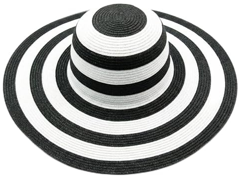 erioctry Damen Beachwear Sun Hat Schwarz und Weiß gestreift Stroh hat Floppy Beach Hut Faltbar Breite Krempe Gap