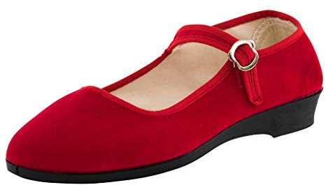 Japanwelt China Samtschuhe Damen Kirsch-Rot Größe 39 EU - offene Trachtenschuhe mit Riemchen und Absatz