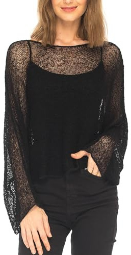 SHU-SHI, donne - Camicetta velata Top in maglia leggera con coprispalle poncho nero