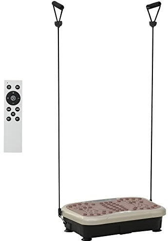 HOMCOM Placa de Vibración Plataforma Máquina de Drenaje Linfático para Pérdida de Peso con 2 Bandas Elásticas 200W Control Remoto 99 Velocidades USB Pantalla LED para Casa 54x33x14 cm Café y Negro