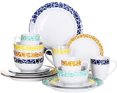 VEWEET, Cecil Porcelain Dinner Set 16-Piece Crockery Set Includes 10.75 Inch Dinner Plates, 7.5 Inch Dessert Plates, 5.5 Inch Bowl and 380 ml Coffee Mug, Complete Service for 4 People
