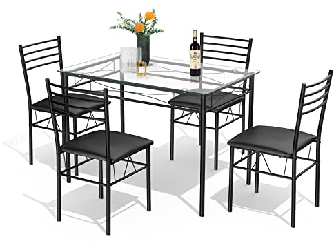 Tangkula Dining Table Set, 5 Pieces Dining Set with Tempered Glass Top Table and 4 Chairs, Kitchen Dining Room Furniture, Black