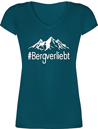 T-Shirt Damen V Ausschnitt - Bergverliebt - weiß - L - Türkis - wanderbekleidung Sport Berg Shirts Geschenke für Wanderer Frauen Berge Shirt Fun-t-Shirts wandern Wander Tshirt wandershirt