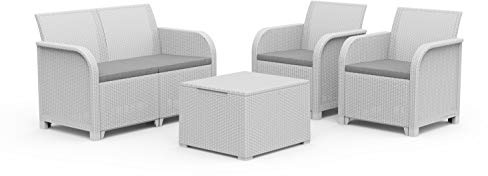 Keter Rosalie Lounge - Juego de Muebles con Cojines - Sillones de 65 x 63 x 74 (alt.) cm - Sofá de 113 x 65 x 74 cm de Altura - Mesa contenedora 60 x 55 x 39